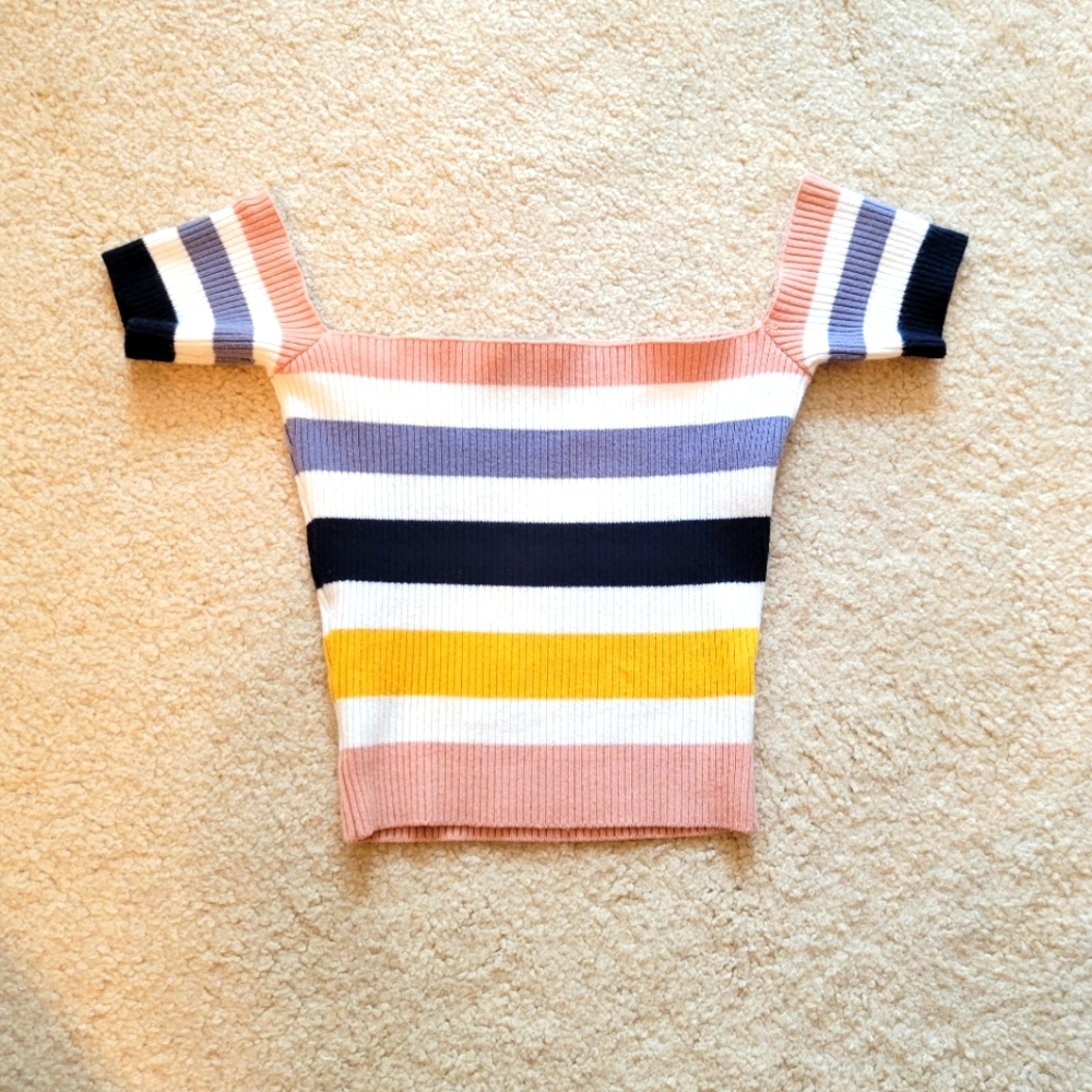 Sweater striped off the shoulder crop top
